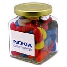 MINI JELLY BEANS IN GLASS SQUARE JAR 170G (Mixed Colours or Corporate Colours)