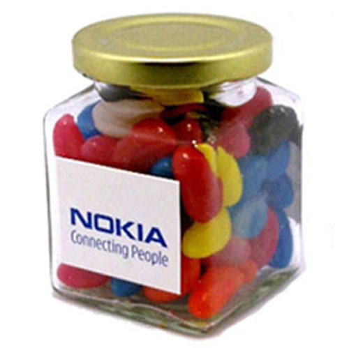 MINI JELLY BEANS IN GLASS SQUARE JAR 170G (Mixed Colours or Corporate Colours)